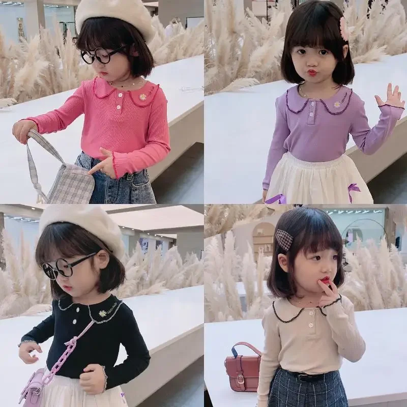 Kids Girls Cute Casual T-shirts 2024 New Arrival Children Korean Japanese Style Cotton Tops Spring Autumn Beige Undershirts