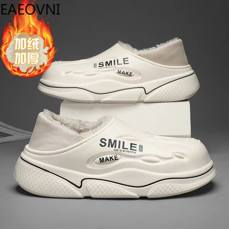 New Fashion Cotton Slippers Men Winter Warm Home Cotton Shoes EAEOVNI Young Waterproof Garden Shoes Indoor Slip on Concise Shoes