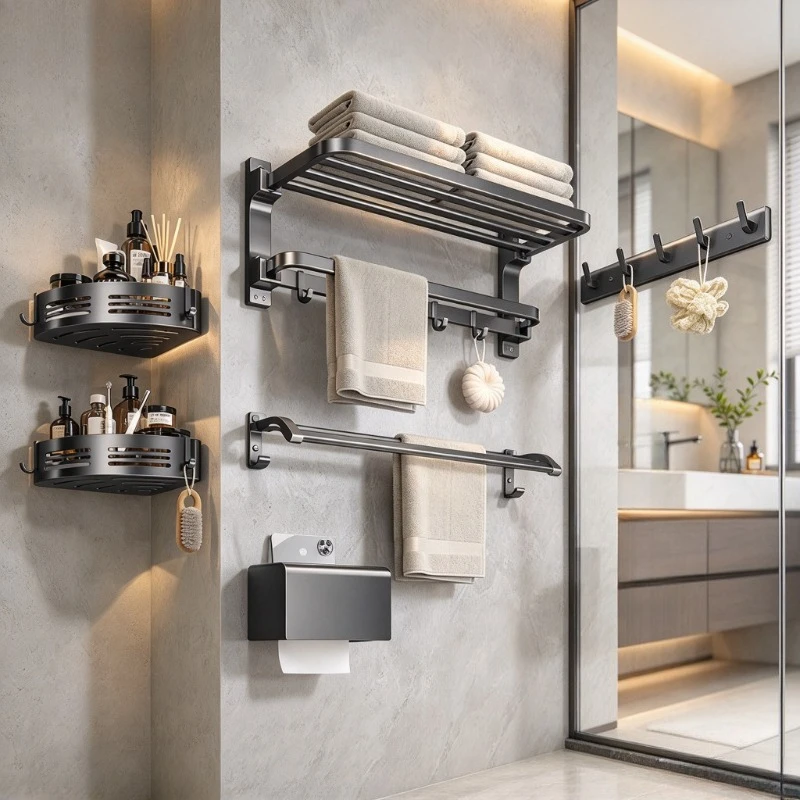 6 Piece Bathroom Accessory Set, No Drill Wall Organizer with Towel Hooks and Corner Shelf, Rust Resistant Storage Kit