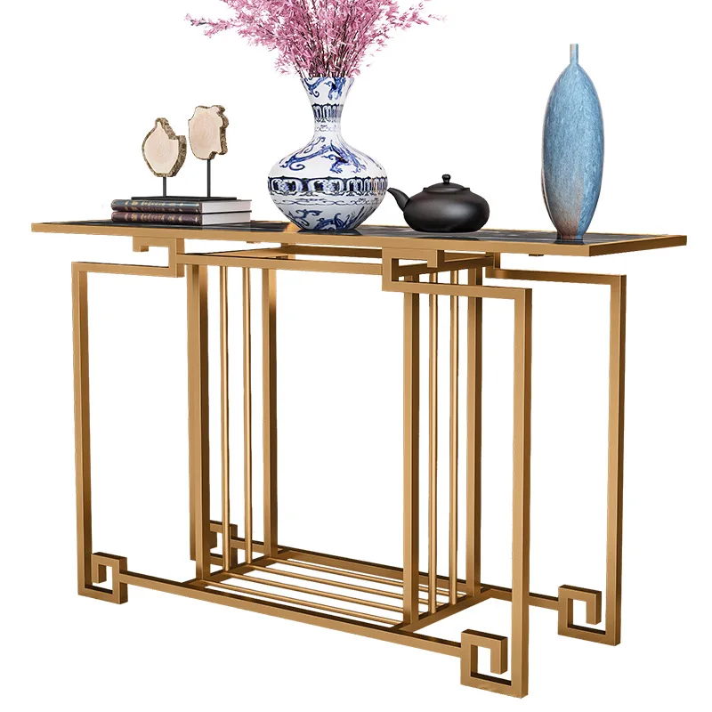 #Chinese hotel lobby end view table,simple wrought iron decorative entrance cabinet, marble gold entrance table against the wall