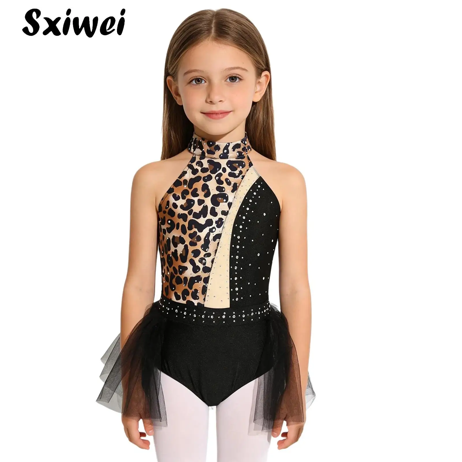Girls Prehistoric Cave Stone Halloween Caveman Primitive Native Dress Up Leopard Print Jumpsuit Rhinestones Mesh Overlay Leotard