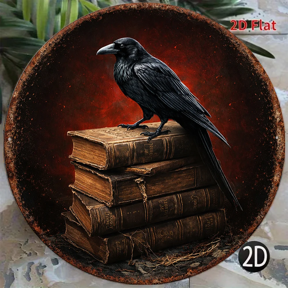 2D Flat - 1pc 8X8/20X20Cm 2D Flat Circular Aluminum Sign, Vintage Aluminum Plaque with Ravens And Books, Mysterious Gothic Style
