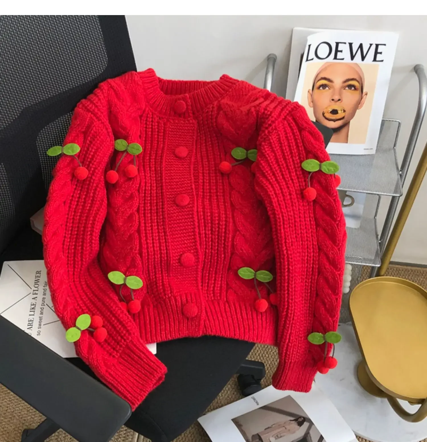 

2025 Fashion Cherry Single Breasted Sweater Women O Neck Long Sleeve Knitted Top Preppy Sweet Girl Loose Cardigans