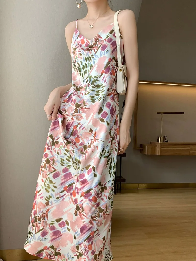 Ele seda cetim ter Dr feminino estampa floral emagrecimento V-Ne A-Line longo Dr temporada de verão cintura alta Sle