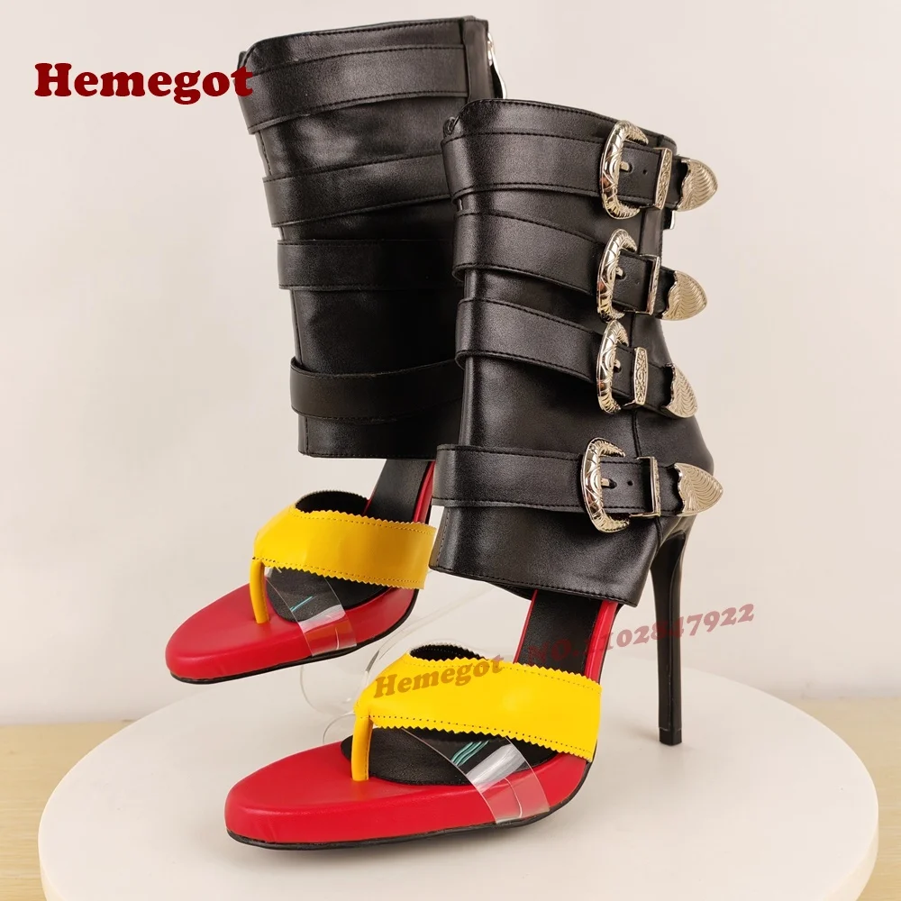 

Splicing Hollow Out Buckled Sandals Open Toe Pvc Patchwork Stiletto Heels Women's Sandals Clip-Toe Back Zipper Runway Shoes Sexy
