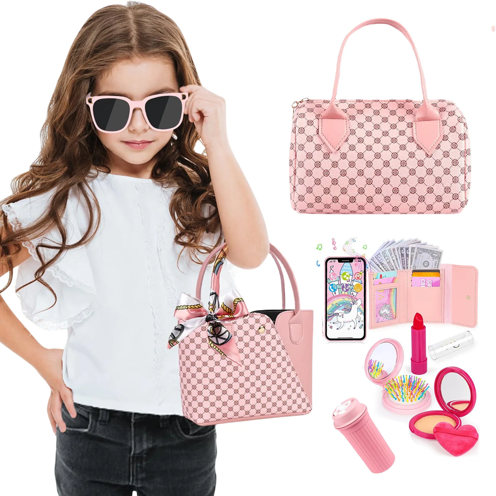 Little Girls Play Purse Kids Pretend Play Purse Cell Phone/Makeup/Keys Princess Makeup Purse for Girls Christmas Birthday Gift
