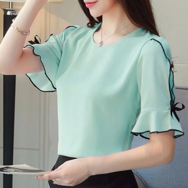 Elegant Ruffles Spliced Loose Hollow Out Bow Blouse Women's Clothing 2024 Summer New Casual Pullovers Chiffon Office Lady Shirt