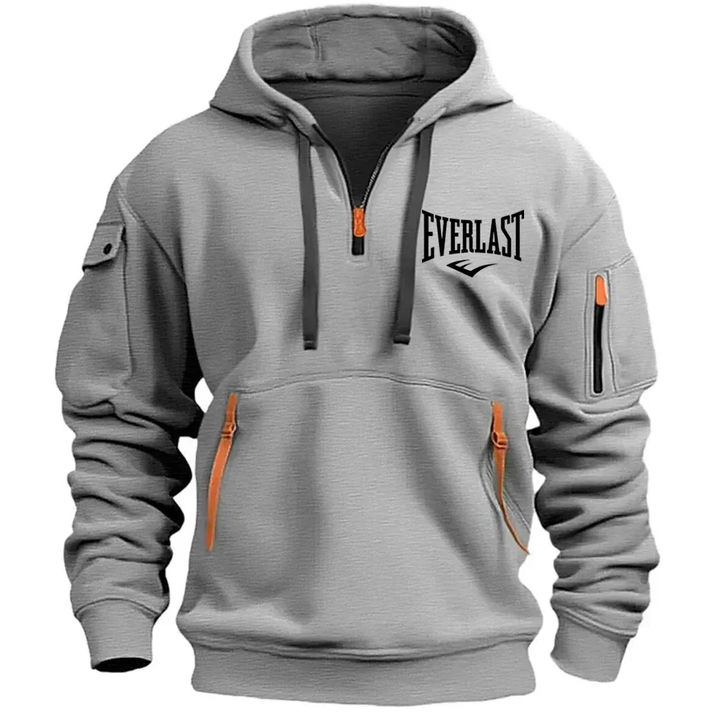 Kapuzenpullover mit halbem Reißverschluss, mehreren Reißverschlüssen an den Ärmeln und einer aufgedruckten Schrift, Sweatshirt für Herbst/Winter, taktische Streetwear, Kapuzenoberteile, Freizeit- und Sportbekleidung. – Detail 6