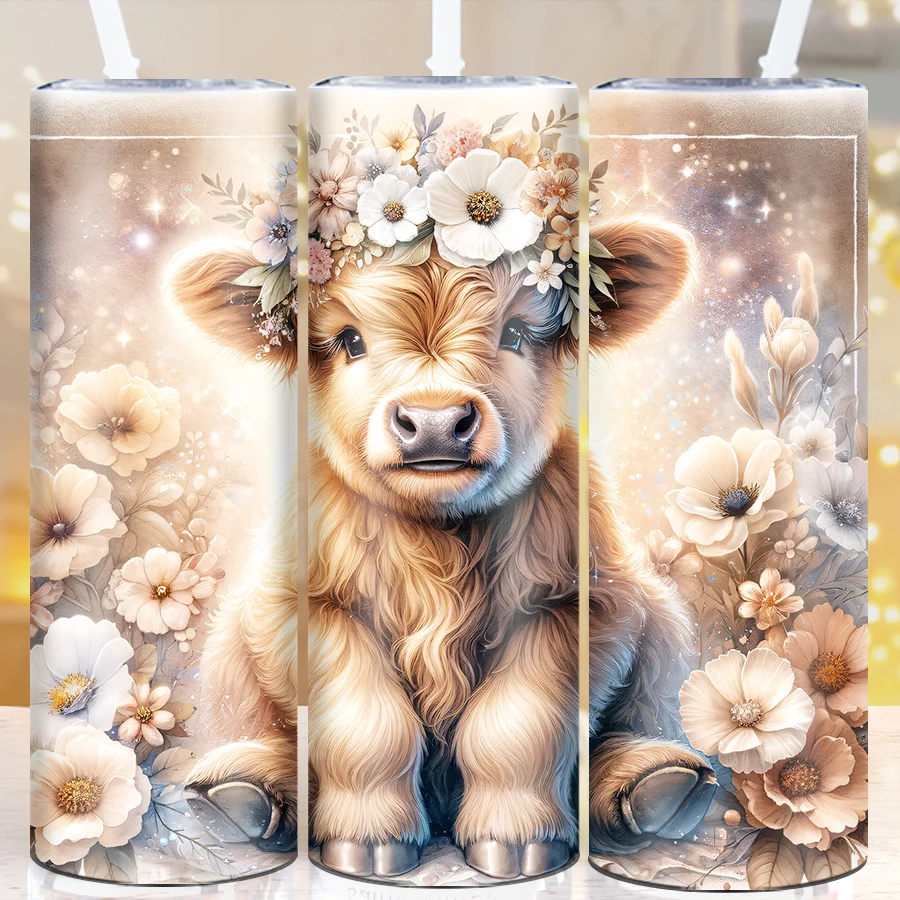 1Pc Festive Print 3D Highland Cow & Flowers Tumblers 20oz Stainless Skinny Straight Water Bottle Insulated Party Drink Bottle