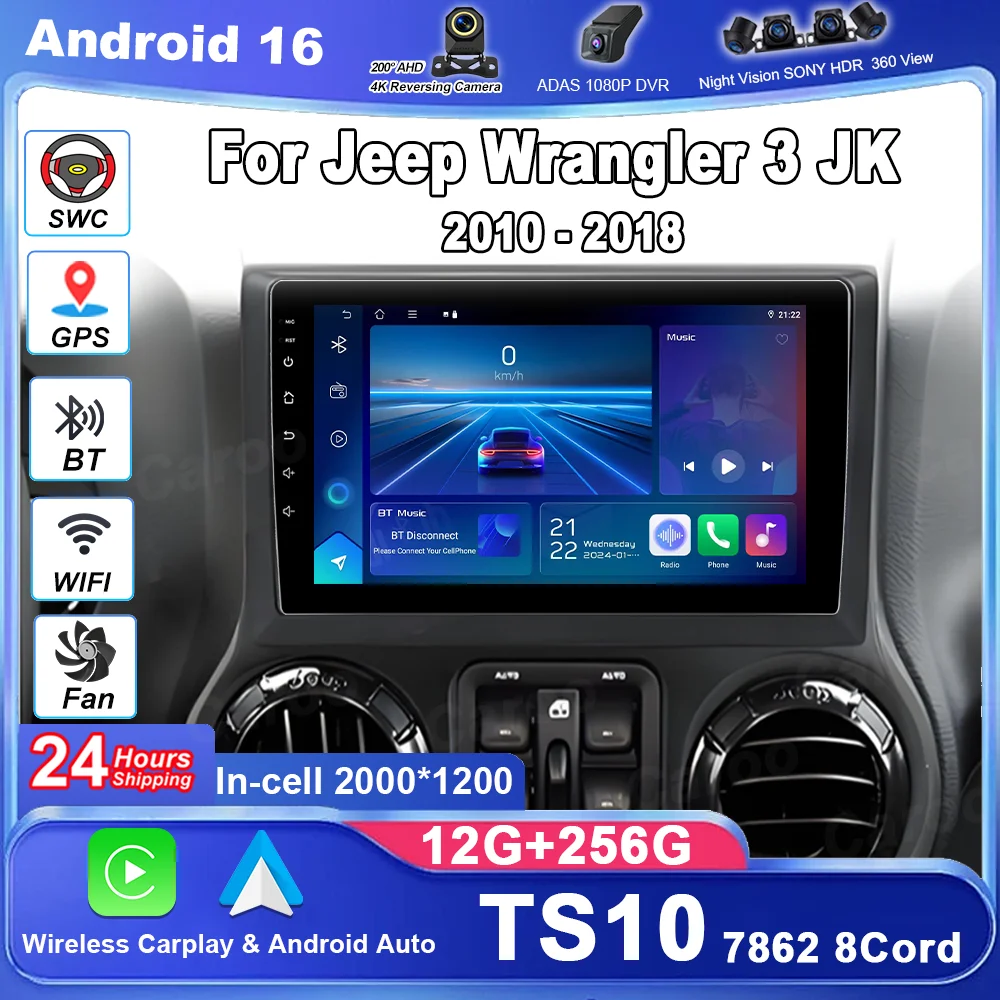 Car Android 16 Radio Stereo For Jeep Wrangler 3 JK 2010-2018 Auto Multimedia Player GPS Navigation Carplay Head Unit QLED Screen