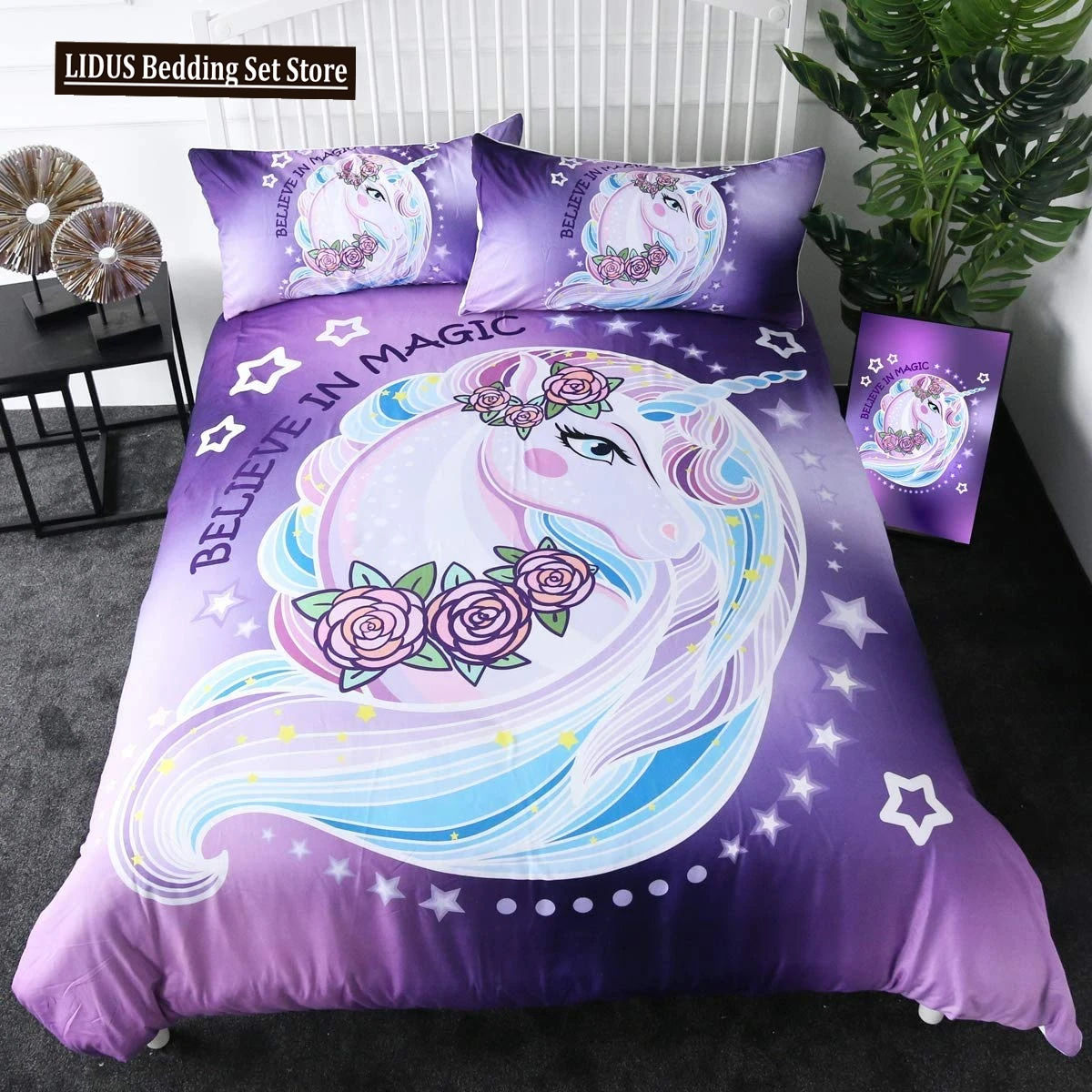 Unicorn Duvet Cover Set Purple Aqua Unicorn Bedding Set Full Size Rose Unicorn Flower Dreamy Cartoon Sparkle Lilac Bedspread