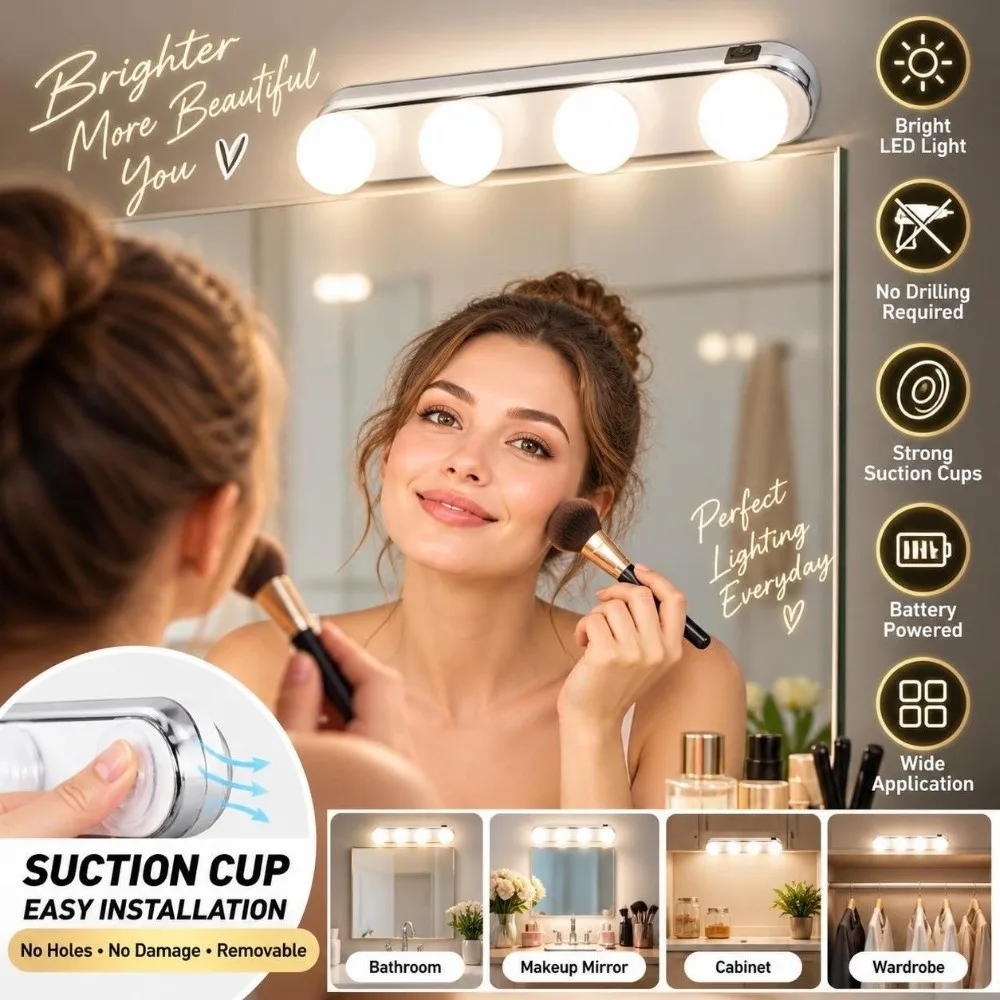 ABS Mirror Lights 4 Bulbs Silver Makeup Vanity Lights Wall Mounted Suction Cup Vanity Lights Living Room Bathroom Dressing Room