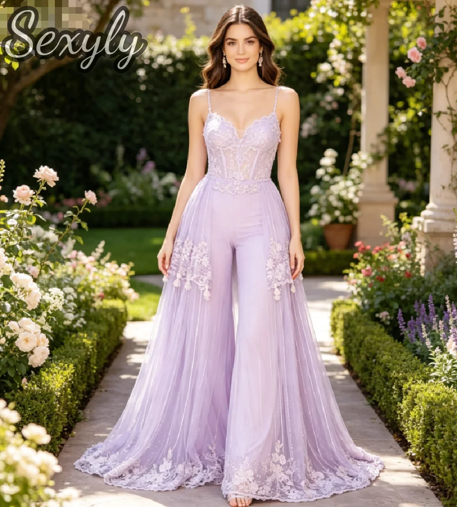 Boho Lilac Jumpsuit Wedding Dress 2026 Spaghetti Strap Sheer Glitter Tulle Blue Gothic Bohemian Bridal Gown Civil Beach Evening