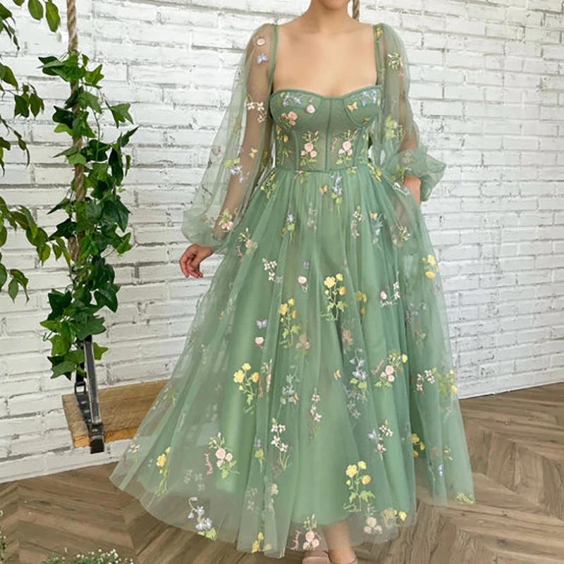 Customized Fairy Forest Green Lace Prom Party Dresses Puffy Sleeves Colorful Flowers Formal Gowns Ankle Length Evening Gown