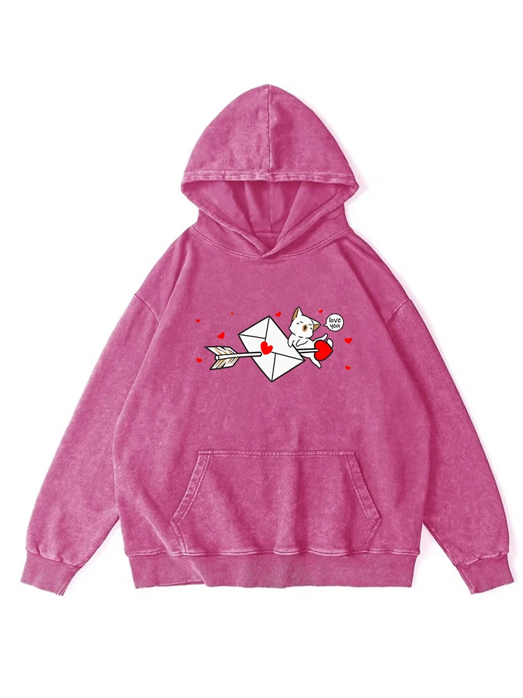 Sudadera con capucha lavada con estampado de letras de amor de gato Kawaii para mujer, sudaderas con capucha desgastadas a la moda, ropa informal cálida con capucha de otoño Retro con cuello redondo