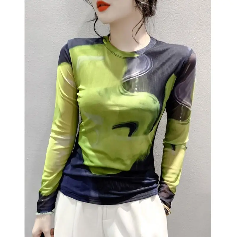 Retro Tie Dye Print Mesh Base Shirt Women's Slim Fit Spring Autumn Fashionable Women's T-Shirt Top Small Shirt Polyester