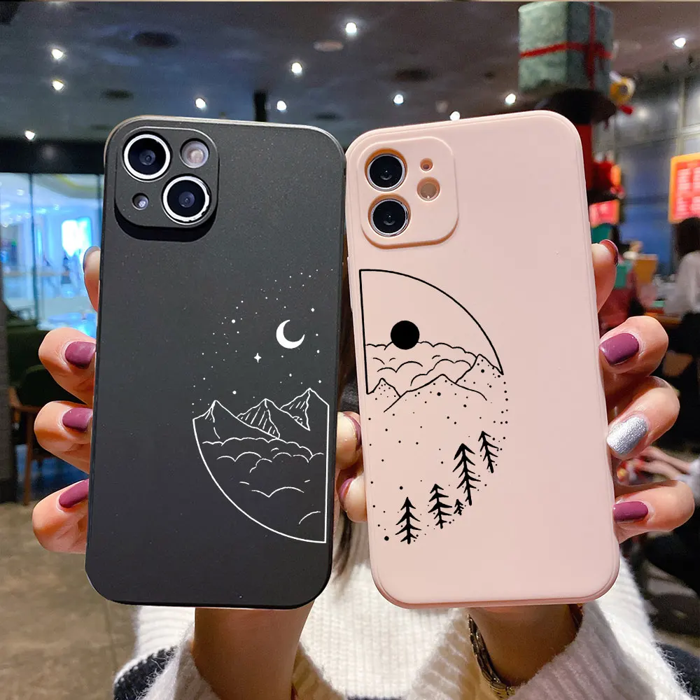 Couple Cartoon Aesth Sun Moon Phone Case for IPhone 15 14 13 12 11 Pro Max X XR 7 8 14Plus SE20 Silicone Shockproof Cover Fundas