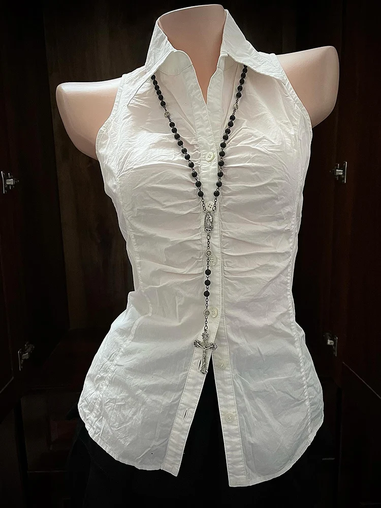 

Vintage White Svel irt Women's Slim Fit Waist-Cinching Pleated Top Commute Sle Korean Faion Polyester Fiber