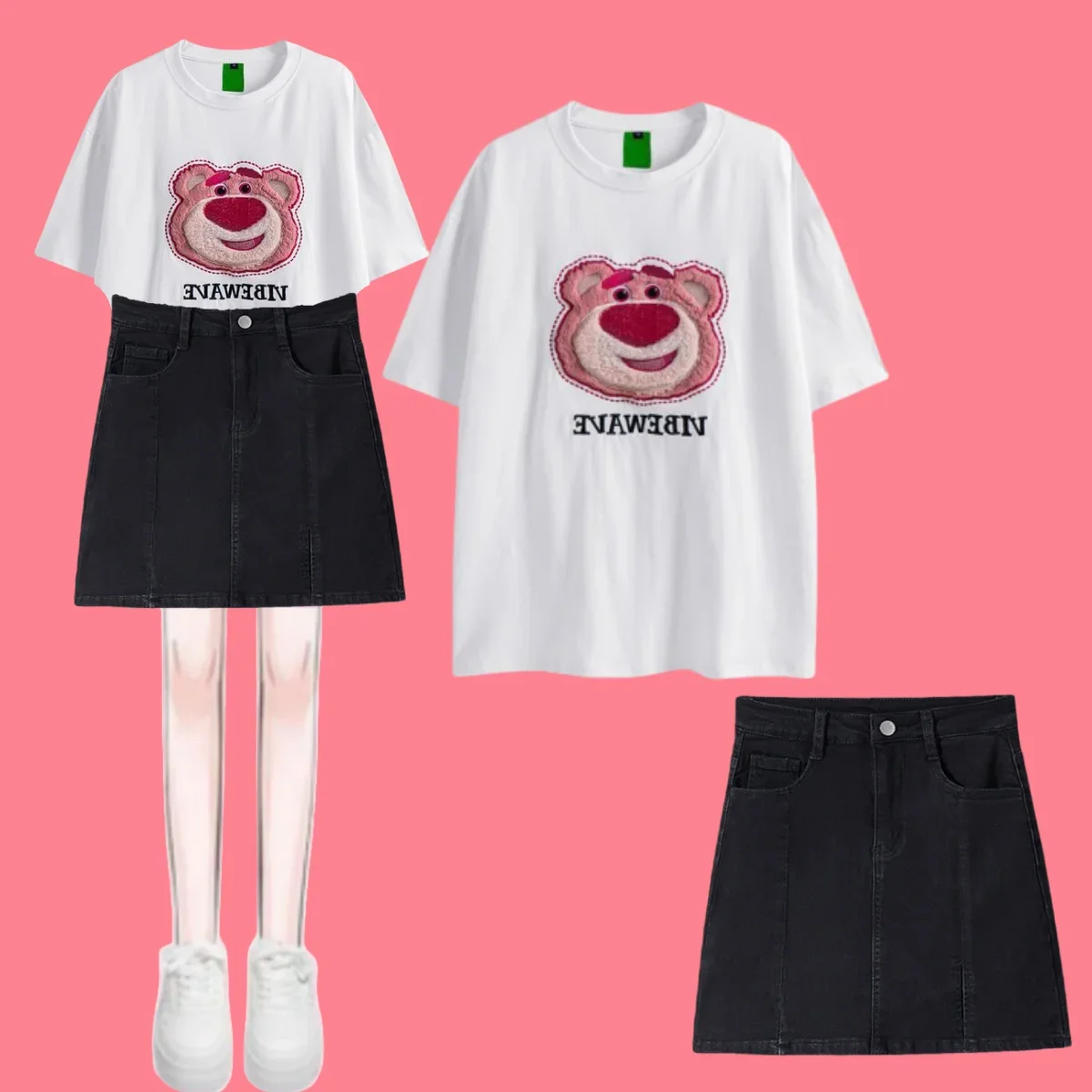 Miniso 2 szt. Niedźwiedź truskawkowy garnitury nadruk na ręczniku postać z kreskówki Lotso bawełniane t-shirty odporne na ekspozycję krótkie kuloty modne ciuchy