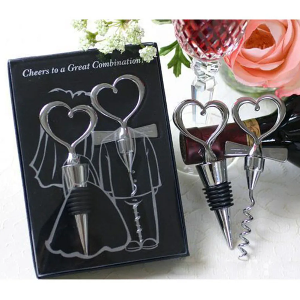 

1/2Set Love Heart Corkscrew Wine Bottle Opener +Wine Stopper Wedding Gift Favors for Guests Bottle Opener Set Wedding Decoration