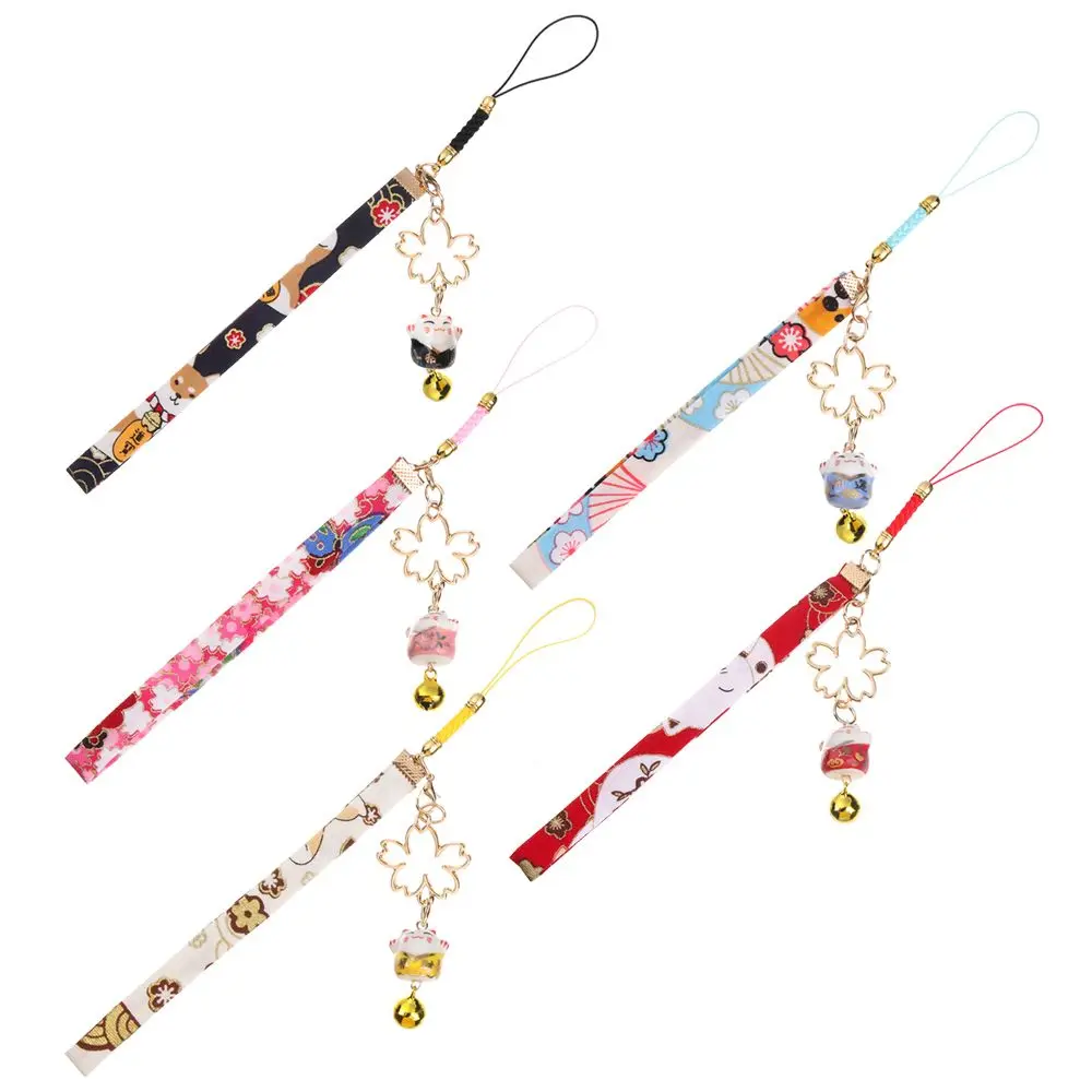 Phone Strap Lanyard Phone Strap Lanyard Keychain Wrist Rope Anti-lost Lanyard Lucky Cat Bell Sakura Phone Lanyard