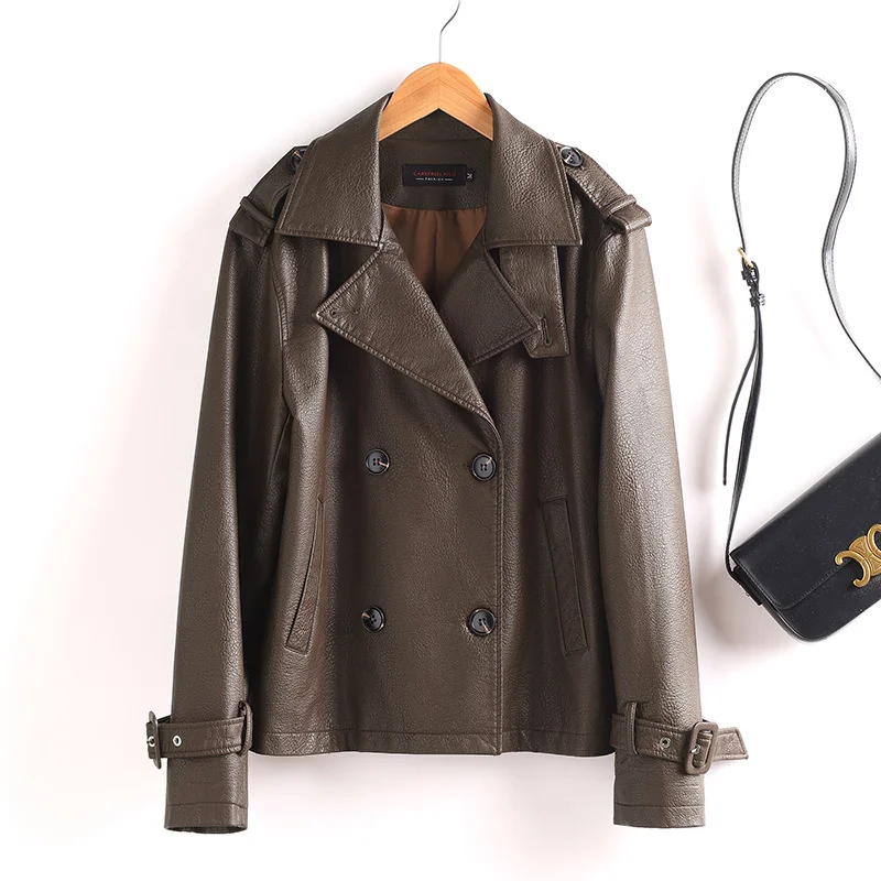 Damska kurtka motocyklowa z imitacji skóry, dwurzędowa, krótka, na wiosnę i jesień, casualowa, streetwear, odzież wierzchnia, moda 2025.