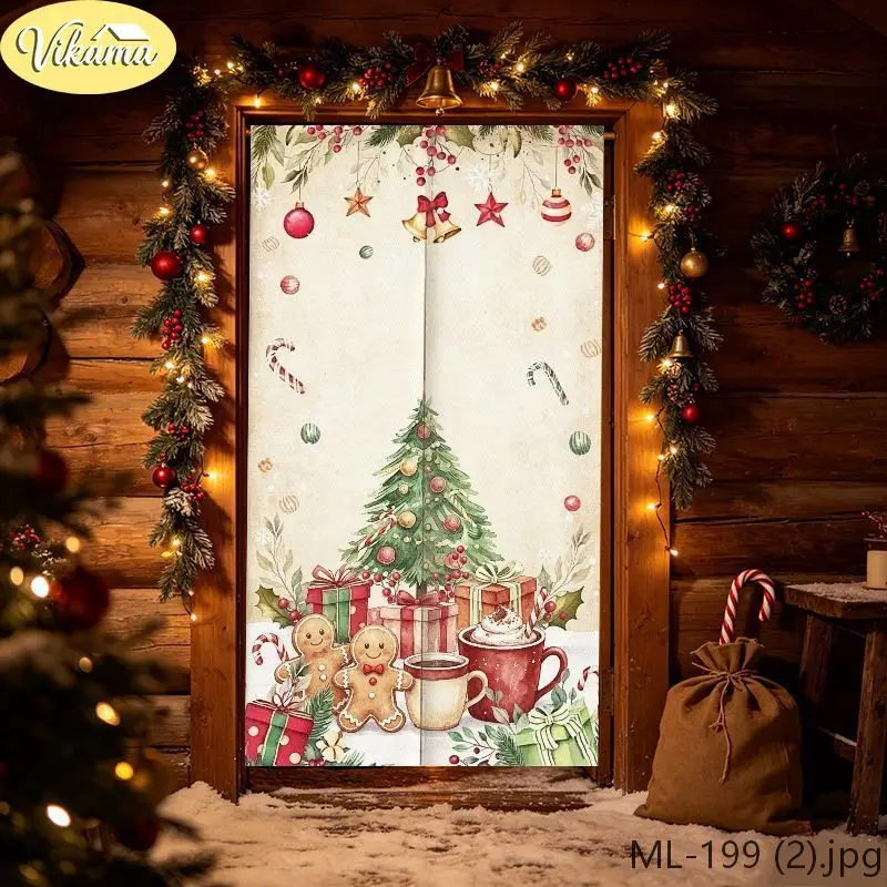 Wood Cabin Christmas Door Curtain Gingerbread Man Snow Scene Hanging Door Cover Winter Holiday Decor for Home Xmas New Year