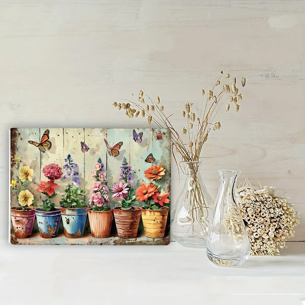 1pc Vintage Metal Wall Decor - Hand-Painted Rustic Wrought Iron Garden Sign with Colorful Pansies, Daisies, and Hydrangeas, Vint