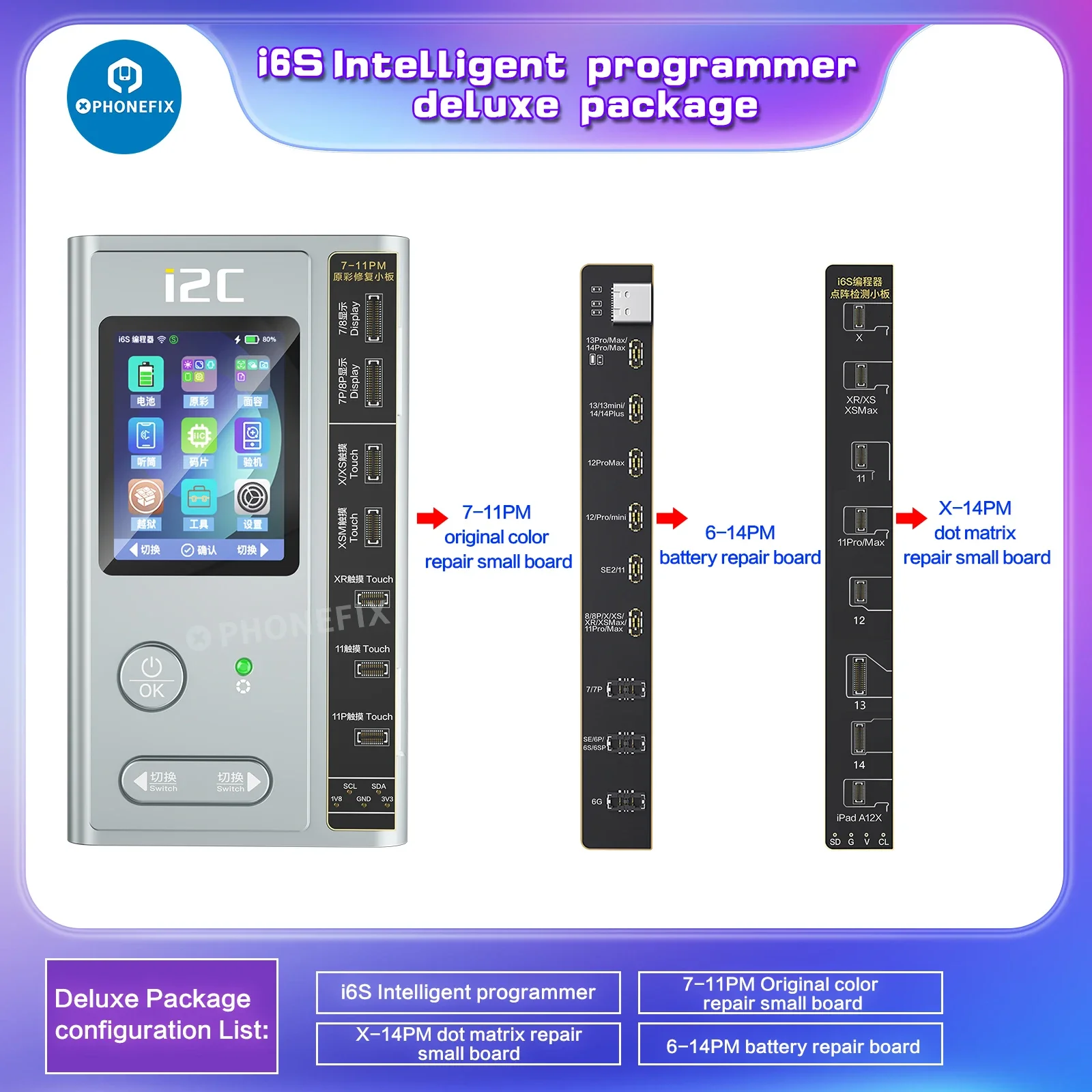 Imagem -03 - Programador para Iphone 615 pm Bateria Dot Matrix Cor Original Câmera Fone de Ouvido Face id Função Recuperar Repair Tool I2c I6s