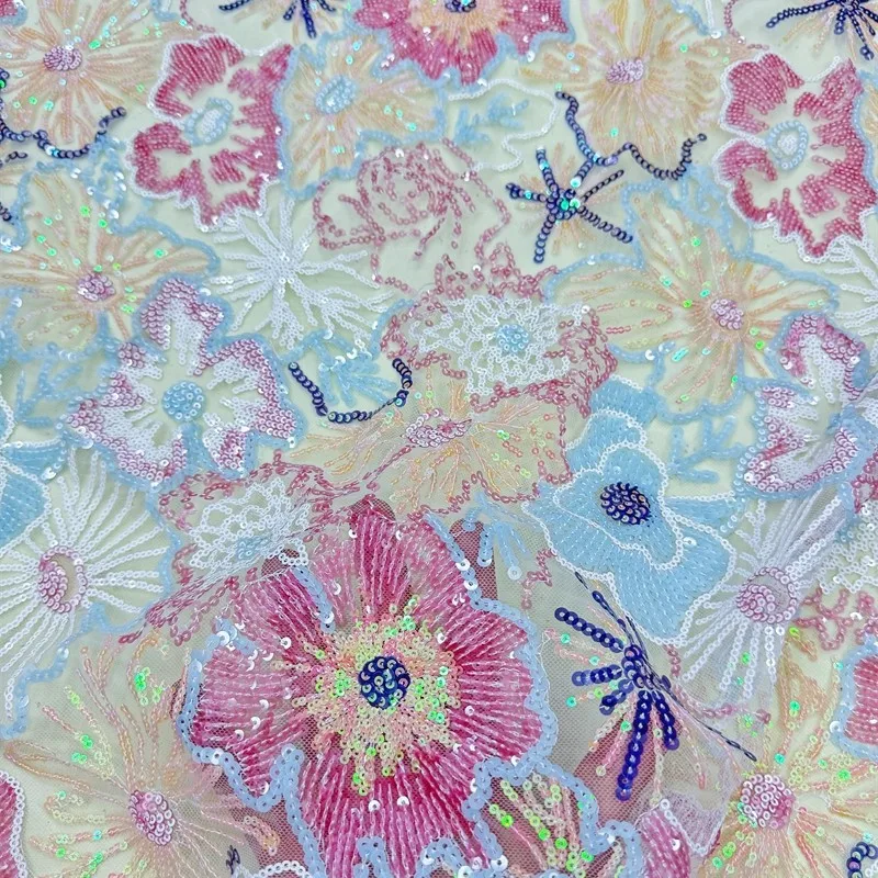 

Ткань из сетки с цветочным узором и вышивкой пайетками для шитья своими руками, аксессуаров для одежды, кружевных изделий, модной ткани, продается на метры.