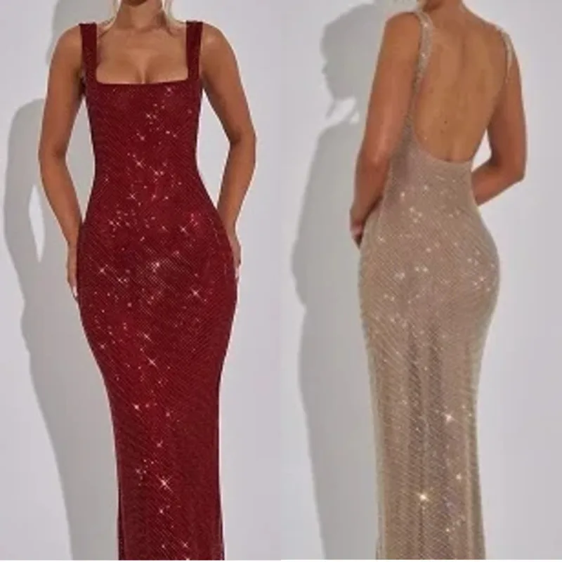 

Fashion Party Sequin Square Neck Slim Fit Dress Advanced Heavy Industry Water Diamond Super Flash Strap Dress Lady Banquet Dress
