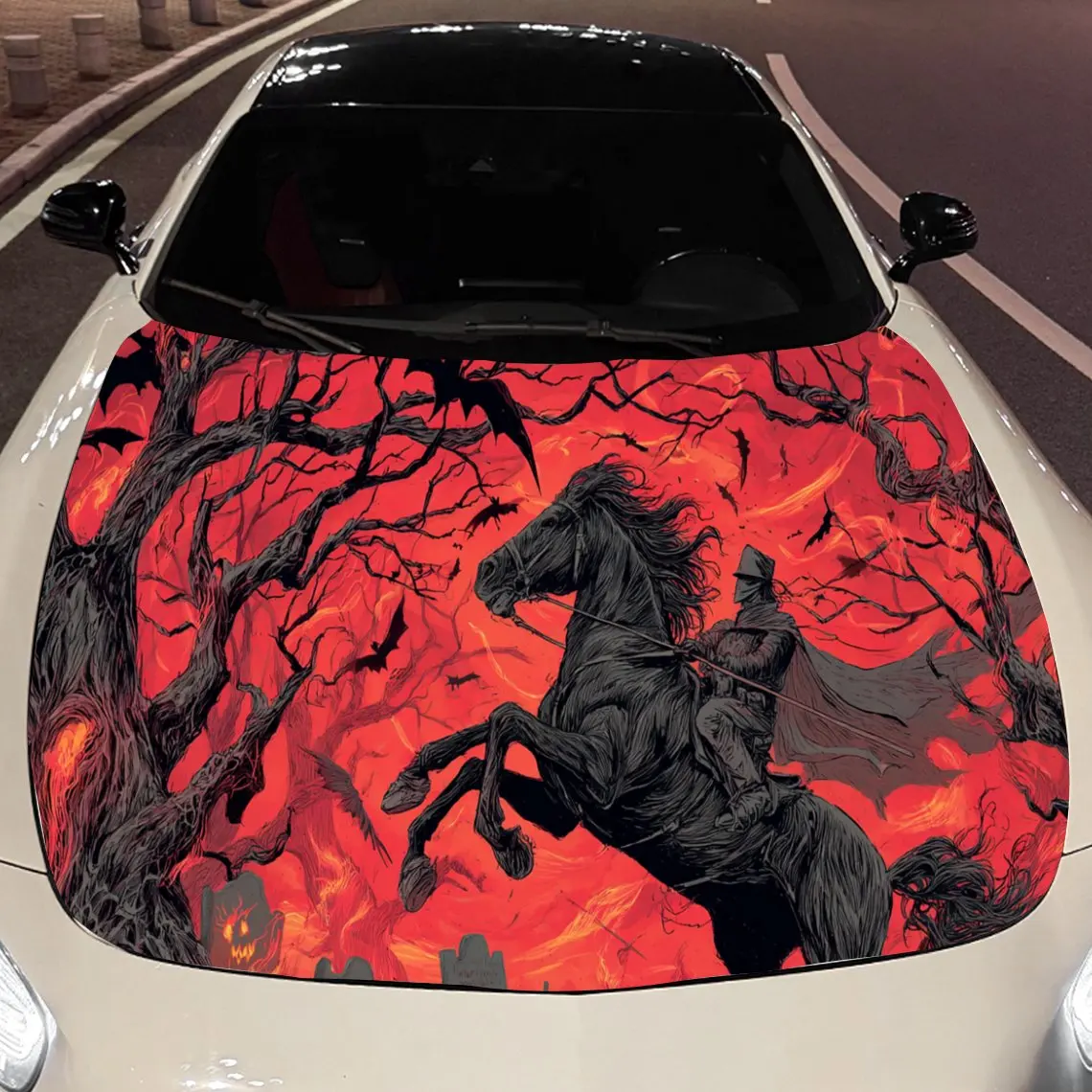 Man and horse galloping through the crimson forest Car Hood Vinyl Stickers Car Surface Protection Decal Car Decoration Cover Vin