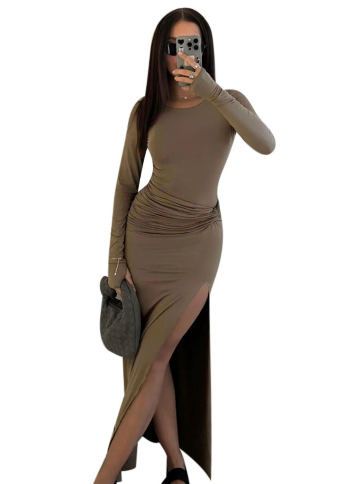 Conjunto de falda con abertura sexy y detalle de nudo retorcido, conjunto de moda ajustado, conjunto largo de moda para mujer, colección de otoño