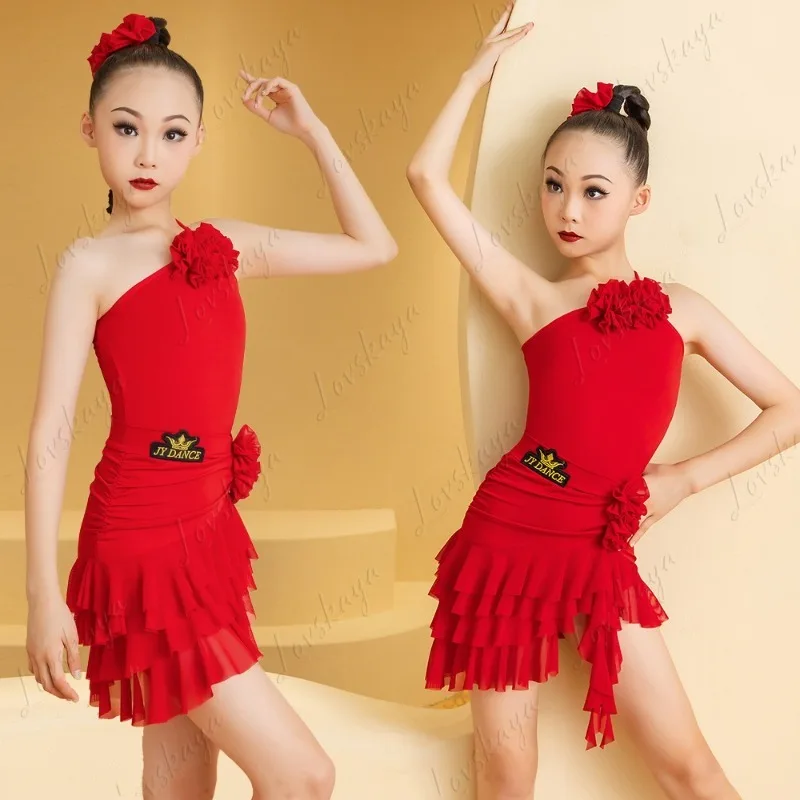 Traje de dança latina para meninas conjunto de vestido de bolo de verão com top com decote em V. Roupa de treinamento de dança sofisticada para meninas.