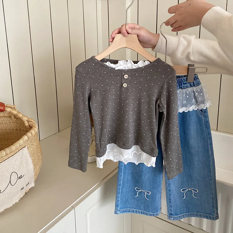 Girls Long Sleeve T-shirt 2025 Spring New Fashionable Lace Fake Two Piece Polk Dot Top Lace Splicing Bow Jeans Trendy