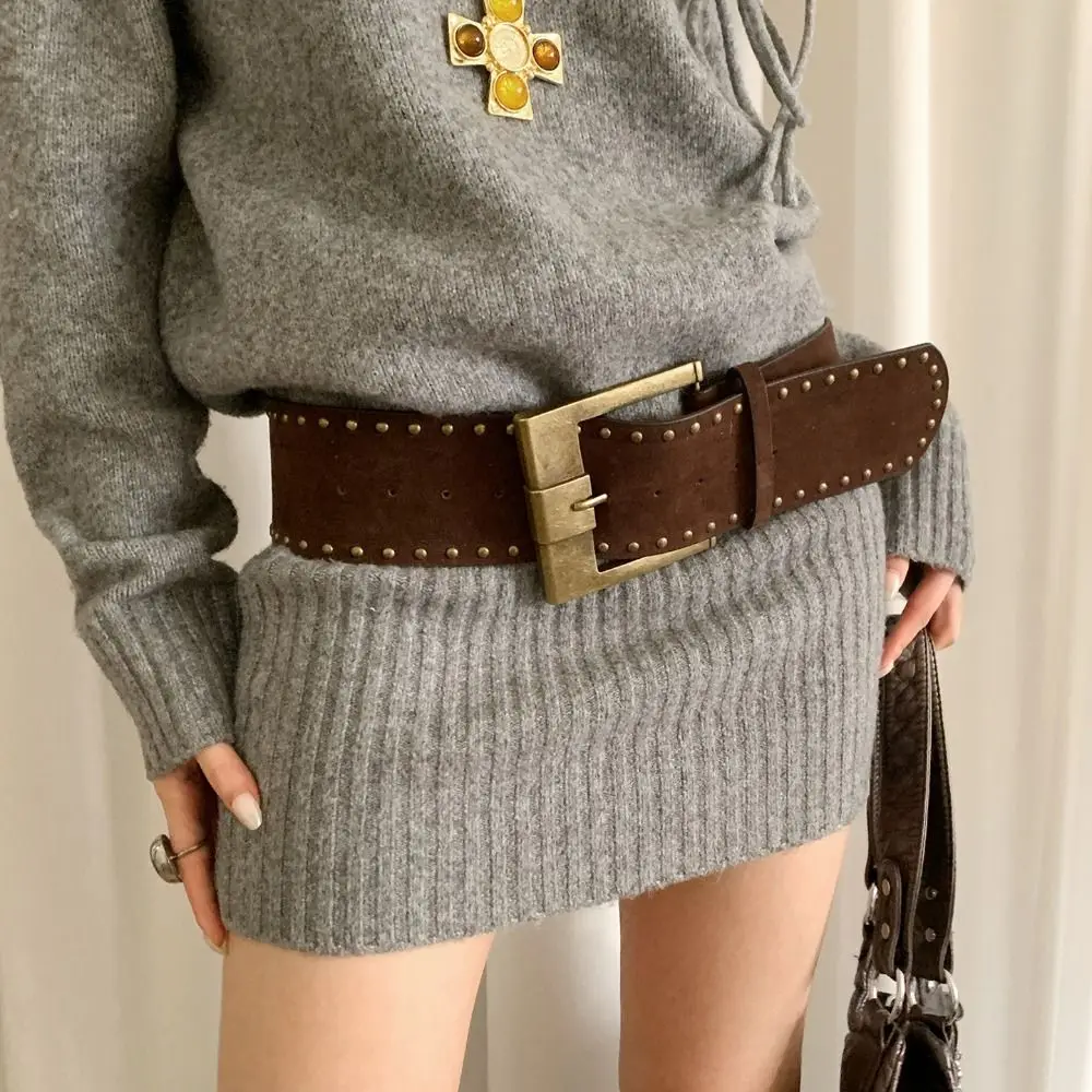 

Pin Buckle Suede Leather Belt Luxury Design Y2k Rivet Waist Belt Versatile Ultra-wide Waistband Women Coat Skirt Decoration