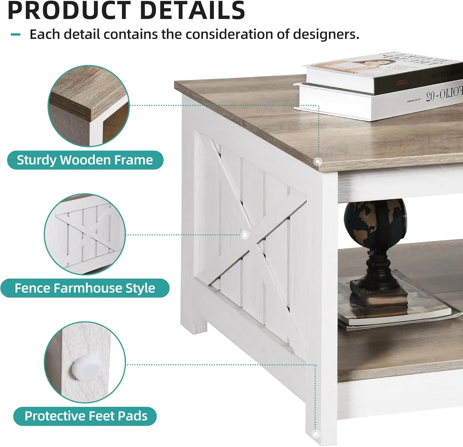 Table basse carrée en bois rustique avec compartiment de rangement semi-ouvert, table de cocktail, lavage gris, ferme