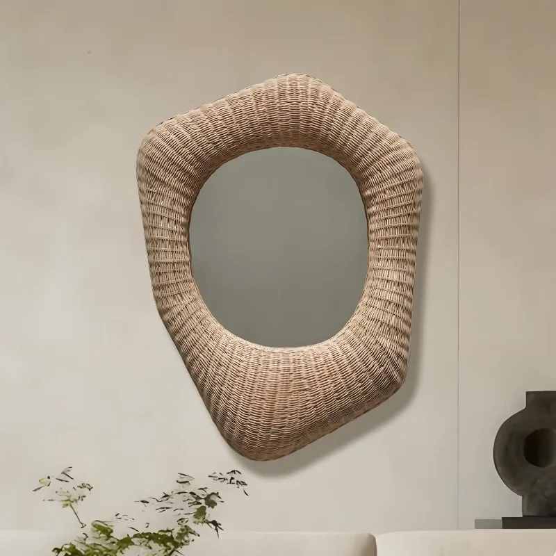 

Irregular Living Room Mirror Decoration Vintage Hanging Rattan Mirror Asymmetrical Art Spiegel Wand Living Room Decorations