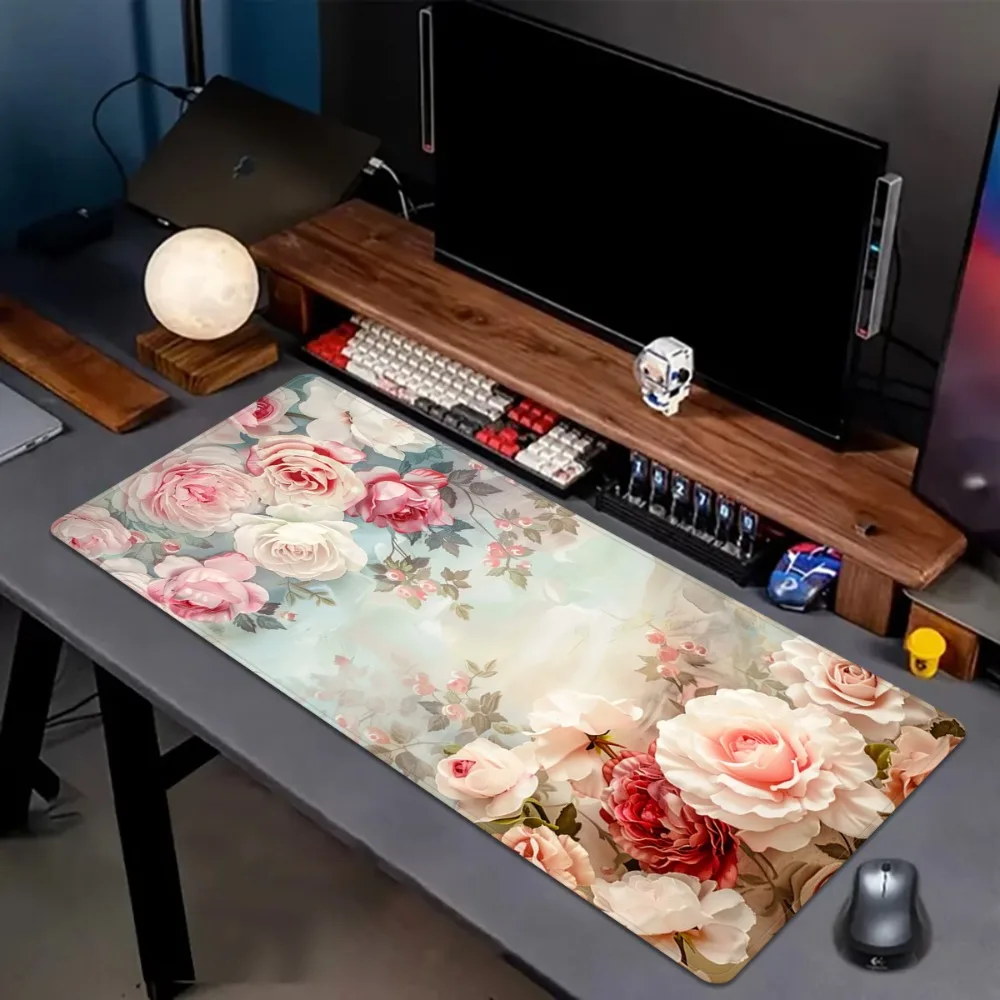 Tapis de bureau pour ordinateur à motif de roses et de pivoines rose vif. Décoration douce, antidérapante et facile à nettoyer, setup gamer apis de souris xxl