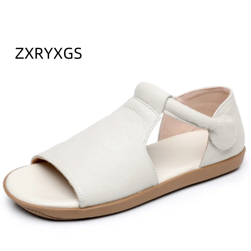 ZXRYXGS Top Cowhide Fish Mouth Sandals 2025 New Summer Women Real Leather Sandals Flat Soft Sole Comfortable Casual Sandals