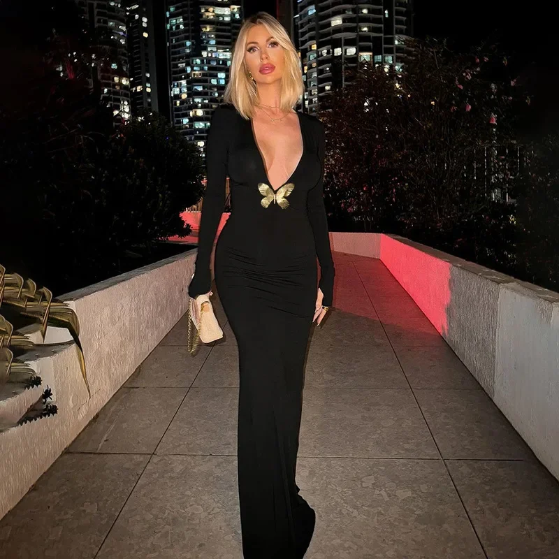 Vestido de fiesta de mariposa con cuello en V para mujer, traje Sexy, Maxi, negro, Y2K, otoño, invierno, manga larga, Bodycon, vestidos de noche
