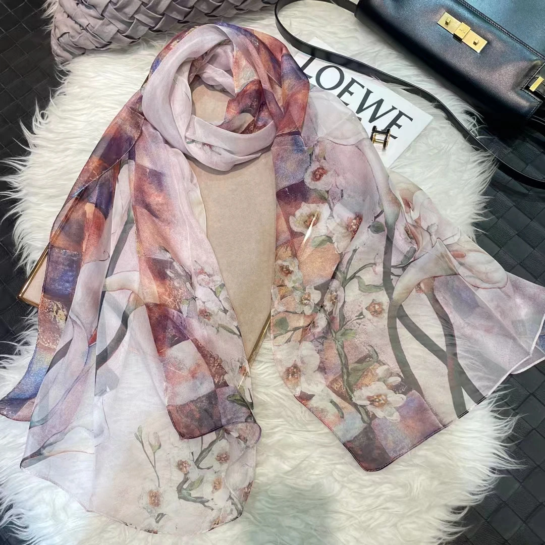 BYSIFA| Purple Pink Silk Scarf Winter China Style Plum Bossom Ladies Pure Silk Long Scarves Foulard Spring Summer Beach Shawls