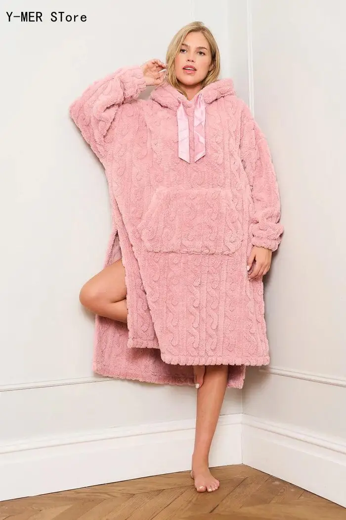 Autumn Winter Women Long Plush Hooded Robe, 3D Cable Knit Satin Drawstring Bathrobe with Side Slit & Front Pockets