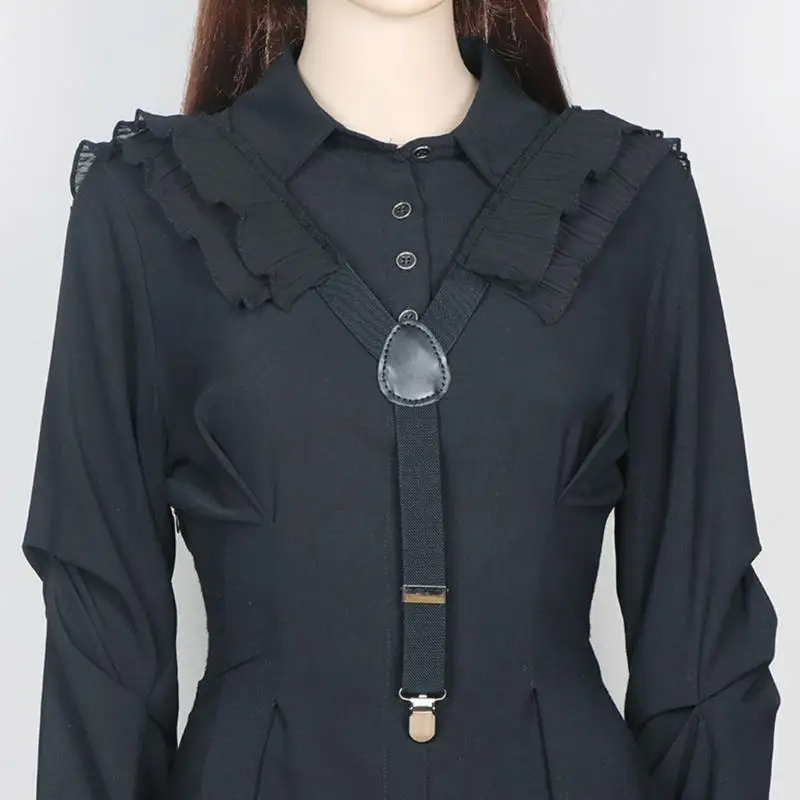 R1WE حمالات سلسلة مطاطية مشبك معدني حزام مكشكش أسود للنساء والرجال إكسسوارات بدلة القميص