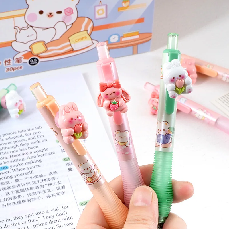 4Pcs/Lot Kawaii Cartoon Tulip Bunny Spin Gel Pen 0.5mm Black Ink Rabbit Rotate Pens Anti Fatigue Sheath School Office Stationery