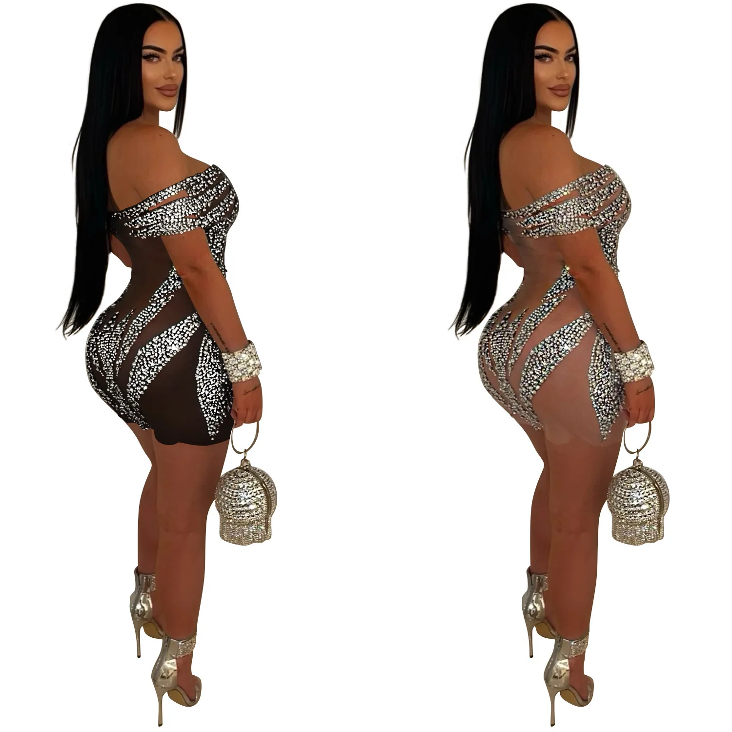 C6926 Modny damski seksowny kombinezon z krótką spódniczką z diamentami i gorącym tłoczonym wzorem