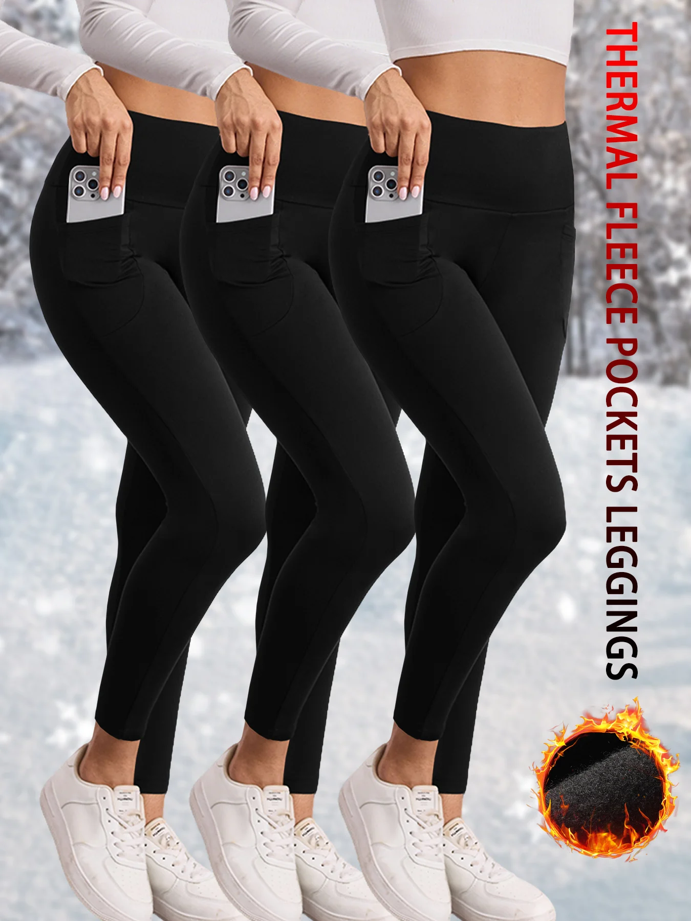 

Комплект из 3 женских леггинсов на термофлисовой подкладке с высокой талией и карманами, зимние теплые толстые колготки для тренировок, мягкие брюки для бега для йоги