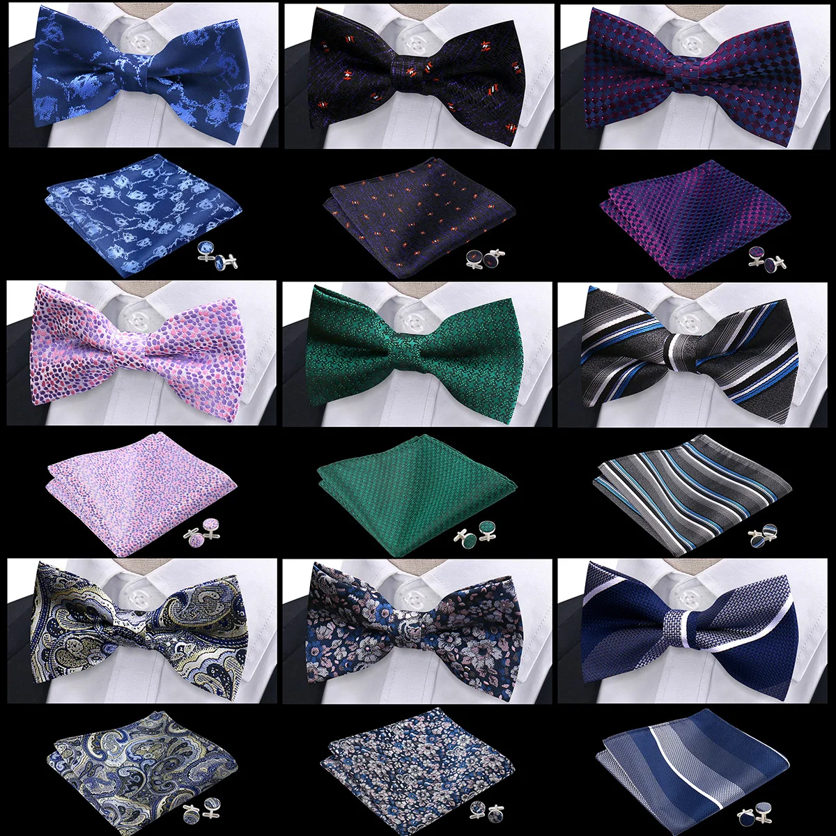 Elegant Luxury Men Bow Tie 3 Pcs Gift Set Wedding Bow Tie Cufflinks Handkerchief Floral Paisley Accessories Party Graduation