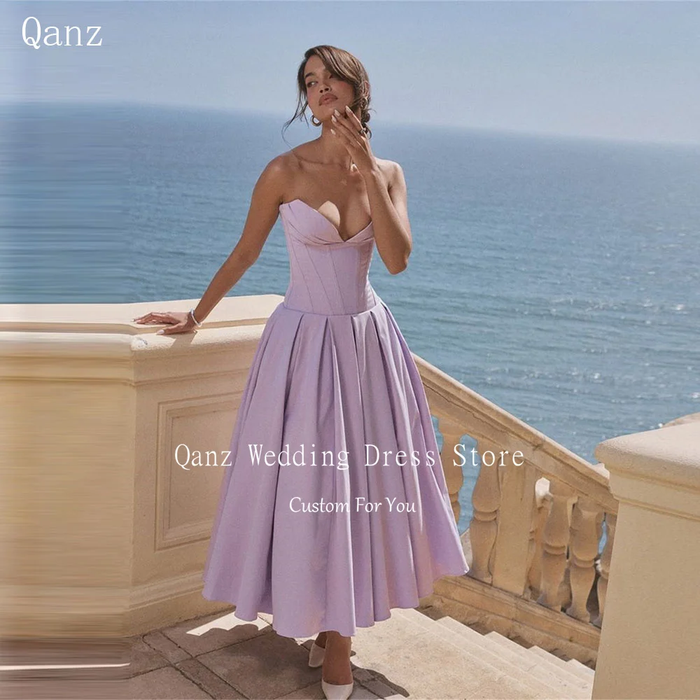 

Qanz Lilac Beach Robes De Soirée V Neck Satin Lace Up Back A Line Evening Dresses Ankle Length Robe Invitee Mariage Luxe 2024