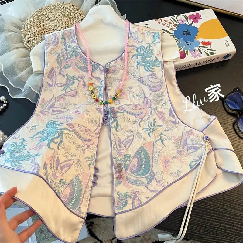 Women's Vests Single-breasted Embroidered Butterfly Vest clip Women's Spring and Autumn Light National Style Retro Vest Coat